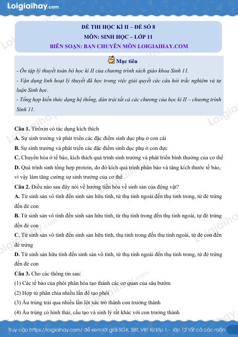 Đề số 8 – Đề kiểm tra học kì 2 – Sinh 11